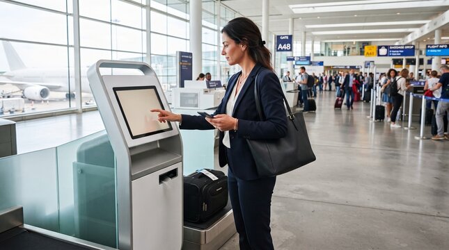 Businesswoman in a suit checking in for a flight using an electronic self-service kiosk machine at the airport