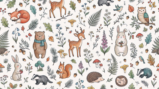 cute woodland animals of deer bear rabbit squirrel in hand-drawn texture seamless pattern background