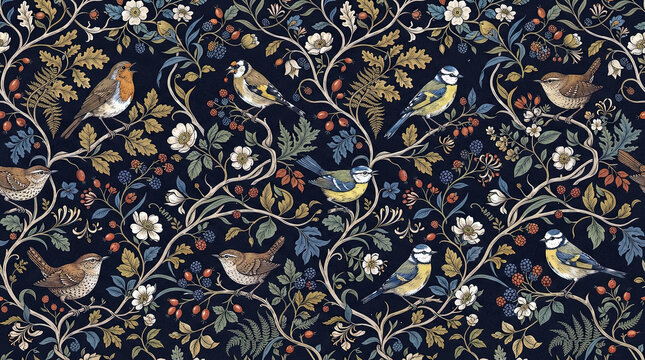 floral background with birds on the tree branch seamless pattern