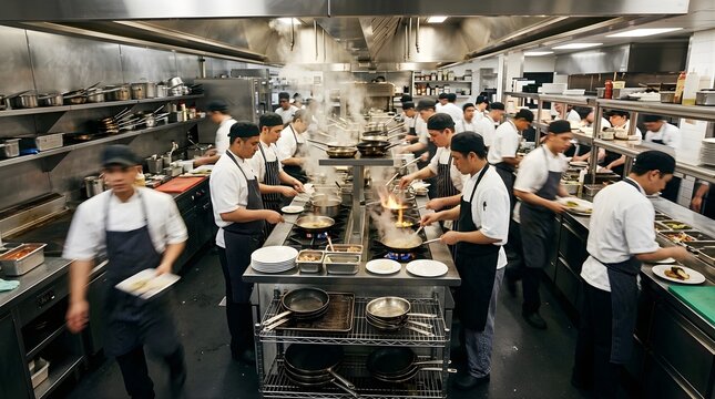 Busy professional commercial kitchen with chefs cooking at workstations