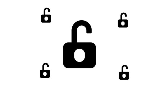 Zoom in and out animation the unlock symbol. Large black symbol in the center and four small symbols around. Seamless looped 4k animation on white background