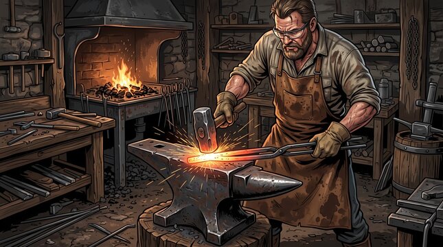 Blacksmith forging metal with hammer on anvil in workshop