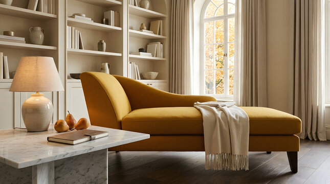Modern luxury reading room featuring a mustard yellow chaise lounge, marble table with ceramic lamp, built-in bookshelves, and arched window with autumn foliage