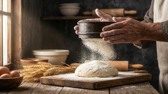 A professional baker sifts white flour through a sieve onto a wooden table.
