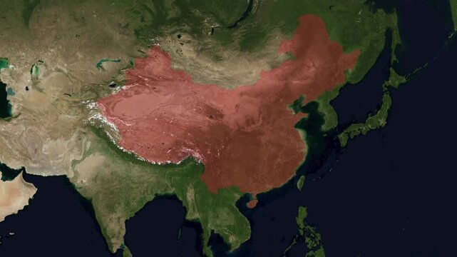 Satellite world map zooming in on China, country highlighted in red