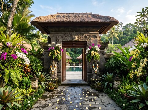 Balinese stone gate entrance at a luxury tropical resort