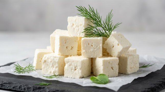 Freshly sliced feta cheese cubes with dill garnish on a dark surface.