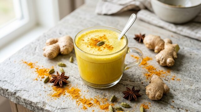 Golden latte with turmeric and ginger in a glass cup