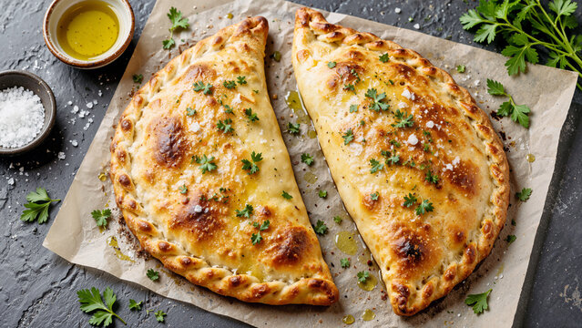 
Freshly Baked Italian Calzone Pizza with Golden Crust, Fresh Herbs, Sea Salt, and Olive Oil on Baking Paper