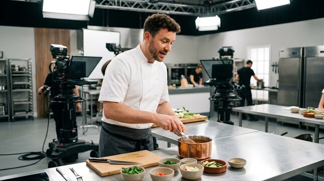 Professional chef cooking in a commercial television studio kitchen set
