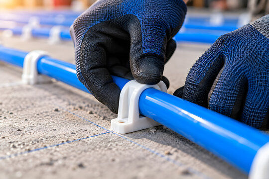 Underfloor heating installation, plumber hands in gloves fitting blue pex pipes, radiant floor heating system setup