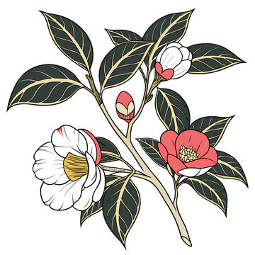 Decorative camellia flower branch illustration with white and red blossoms and green leaves