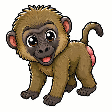 Cute cartoon baboon monkey with fluffy brown fur, expressive eyes and friendly smile, adorable wildlife character illustration isolated on white