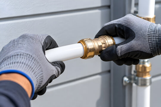Professional plumber installing white pex pipe with brass fitting, hands in work gloves connecting water supply line