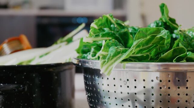 Fresh Green Swiss Chard Leaves in Metal Colander During Meal Prep