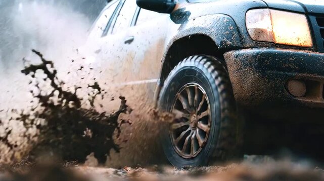 Close-up of an off-road vehicle's wheel spinning in deep mud, spraying dirt and water. A driving experience tackling rugged off-road terrain and autumn slush