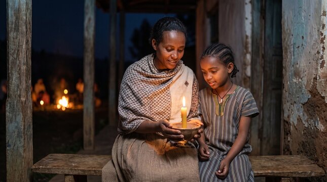 Mother and daughter share Meskel candlelight on a veranda