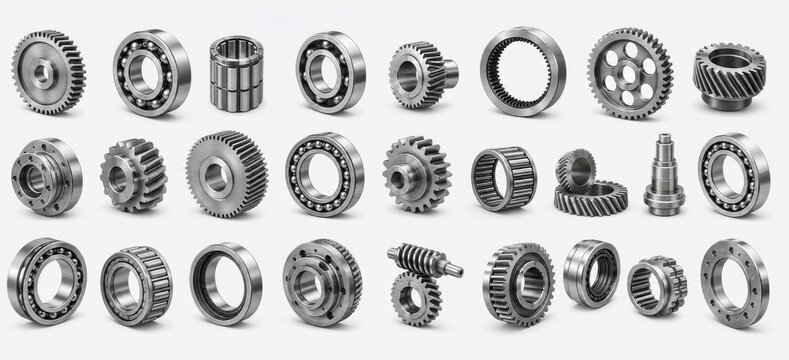 Collection of industrial gears and bearings for mechanical engineering applications