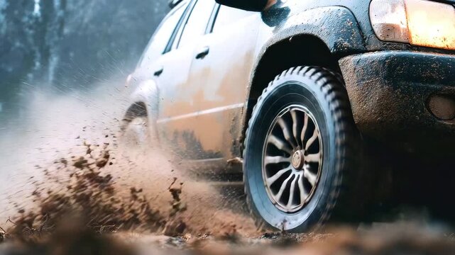 Close-up of an off-road vehicle's wheel spinning in deep mud, spraying dirt and water. A driving experience tackling rugged off-road terrain and autumn slush