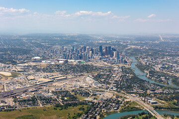 Fototapeta premium Calgary skyline with Bow River and transport corridors