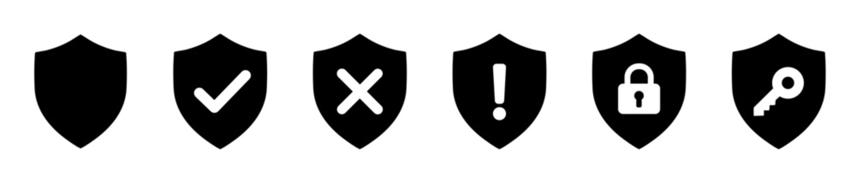 Security shield icon set with protection, verified, warning, lock and key symbols. Solid Cybersecurity and access control graphics for software, digital systems and web interfaces