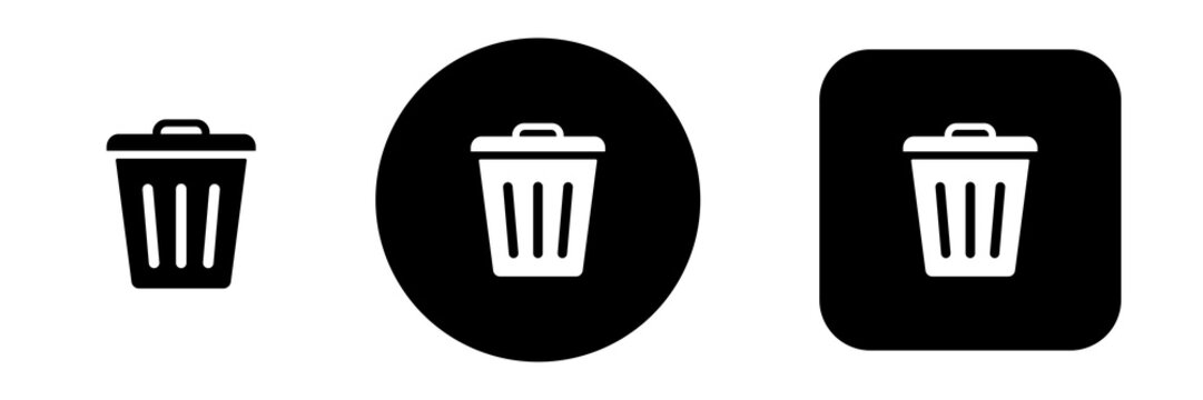 Delete button icon set with trash bin symbols. Solid black Remove and erase icons for file management, data controls, app and web UI