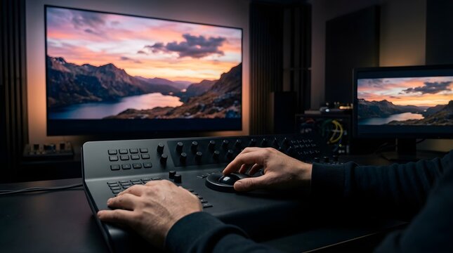 Professional video colorist working on a film project in a dark studio
