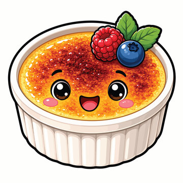 Cute caramelized cr&egrave;me br&ucirc;l&eacute;e dessert with smiling face, golden sugar crust and fresh raspberries and blueberries, sweet bakery illustration