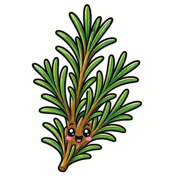Cute green rosemary herb plant with smiling face, fresh aromatic leaves and natural botanical appearance, charming gardening illustration