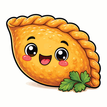 Cute golden baked empanada illustration with smiling face, crispy pastry crust and parsley garnish, charming food character design