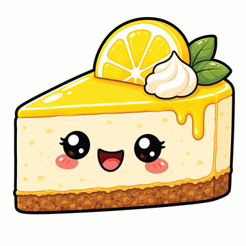 Cute slice of lemon cheesecake with smiling face, creamy yellow filling, golden biscuit base and fresh citrus garnish, dessert illustration