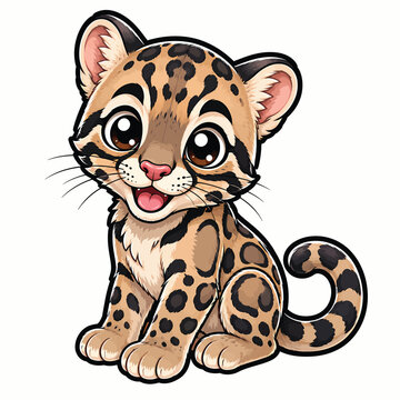 Cute baby leopard or jaguar cub with spotted fur, expressive eyes and curled tail, charming wildlife animal character illustration