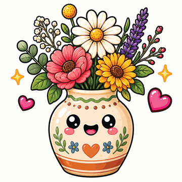 Cute colorful flower bouquet in decorated smiling ceramic vase, mixed daisies and wildflowers with pink hearts, charming floral illustration