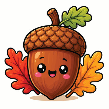 Cute smiling acorn character with brown textured cap, green oak leaf and autumn foliage, charming seasonal woodland illustration