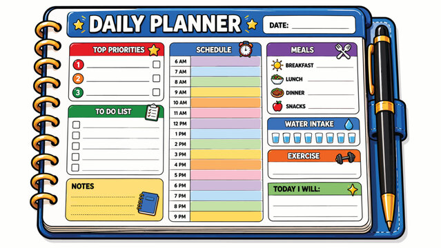 Colorful daily planner notebook illustration with organized schedule, calendar pages, checklist and pen, productivity and time management concept