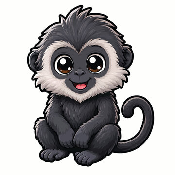 Cute fluffy gray monkey with expressive eyes, rounded ears and curled tail, charming jungle animal character illustration for children