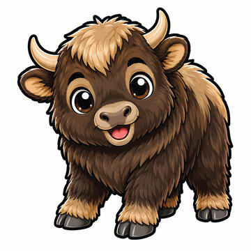 Cute fluffy brown yak or bison character with curved horns, shaggy fur and cheerful expression, charming mountain wildlife illustration