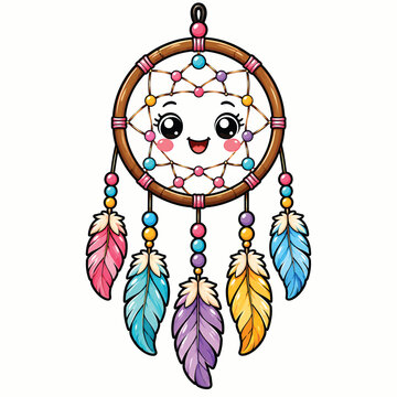 Colorful dreamcatcher illustration with smiling face, decorative beads, feathers and intricate circular web, spiritual bohemian wall decoration