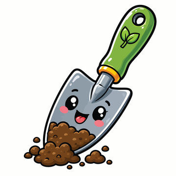 Cute garden trowel with green handle and smiling face, freshly dug soil and gardening tool illustration for planting and horticulture
