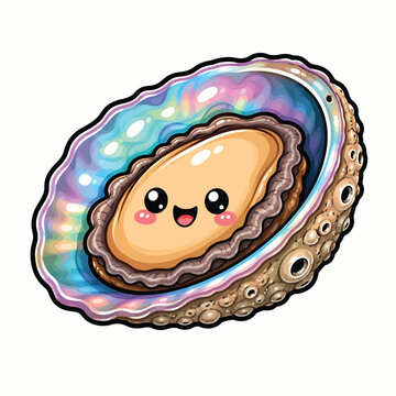 Cute colorful oyster shell with smiling pearl, iridescent texture and charming ocean inspired design, whimsical marine character illustration