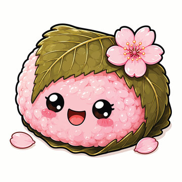 Cute pink sushi roll wrapped in green seaweed leaf with smiling face and decorative flower, whimsical Japanese food character illustration