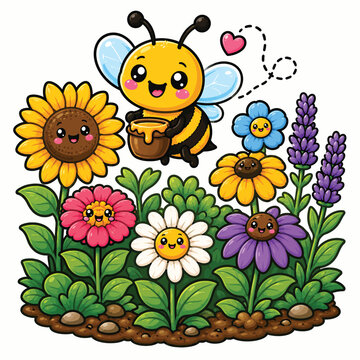 Adorable cartoon bee surrounded by colorful blooming flowers, sunflowers, daisies, and greenery, celebrating pollination, spring, nature, and biodiversity