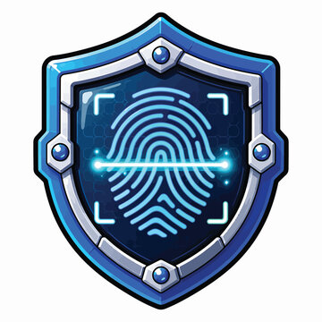 Modern cartoon cybersecurity shield featuring a glowing fingerprint scanner, symbolizing biometric authentication, digital identity protection, privacy, and secure technology