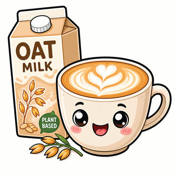 Cute cartoon oat milk coffee with heart shaped latte art, plant based packaging, and creamy beverage, promoting vegan drinks, healthy choices, and sustainability