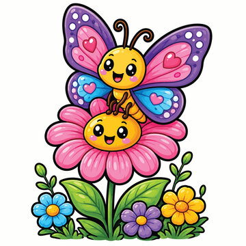 Adorable cartoon butterflies perched on a colorful pink flower surrounded by blooming garden plants, symbolizing spring, pollination, nature, and beauty