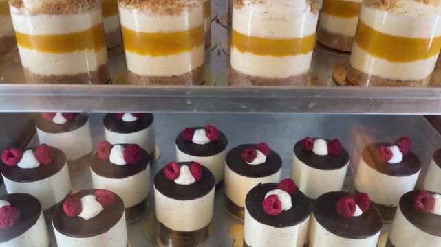 Refrigerated bakery display case with assorted layered glazed desserts arranged in neat rows for retail. assorted layered glazed desserts display case for sale