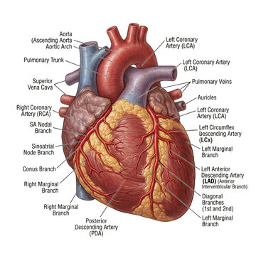 Anatomical diagram of a human heart with labeled parts in detailed view