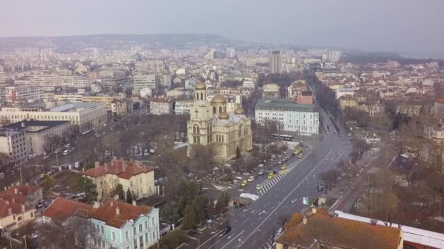 Aerial view of varna cityscape and dormition of the theotokos cathedral in bulgaria