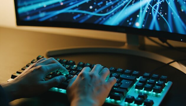 POV of hands on keyboard facing curved monitor filled with abstract blue data streams, dark room, screen glow on skin, cyan teal grade, cinematic photorealistic programming perspective