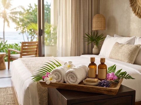 Luxury spa tray with towels and oils on a resort bed